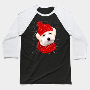 White Maltipoo Wearing Red Hat And Scarf Christmas Baseball T-Shirt